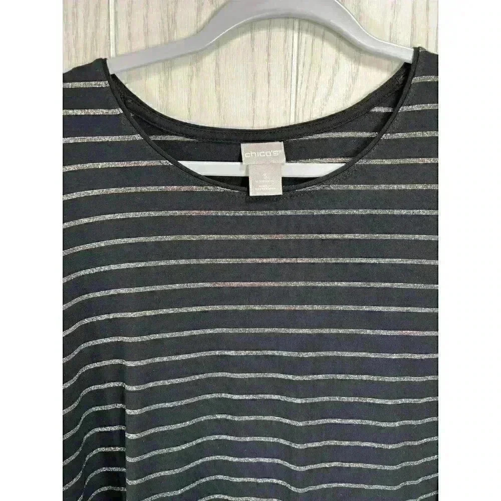 Chicos Top Sz 3/XL Black Gold Metallic Stripe Long-Sleeve Round Neck Layering - Picture 3 of 9